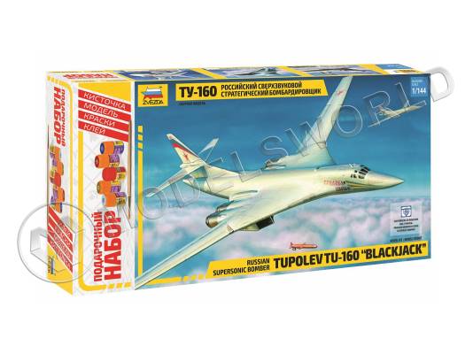 Склеиваемая пластиковая модель Российский сверхзвуковой стратегический бомбардировщик Ту-160 - Подарочный набор. Масштаб 1:144