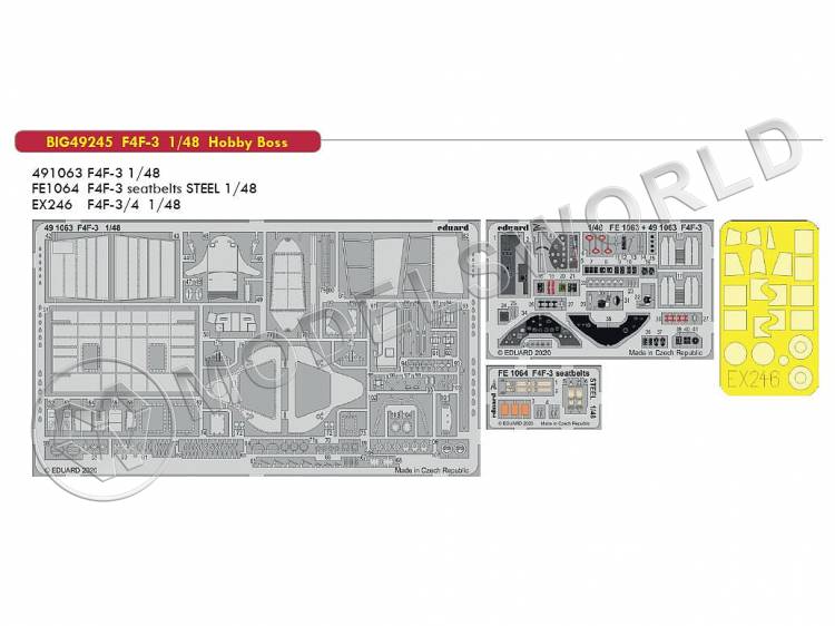 Комплект фототравления BIG ED для модели F4F-3, Hobby Boss. Масштаб 1:48 - фото 1