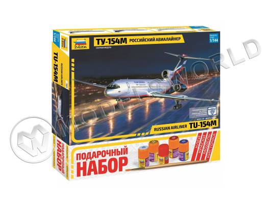Склеиваемая пластиковая модель  Пассажирский самолет ТУ-154М - Подарочный набор. Масштаб 1:144