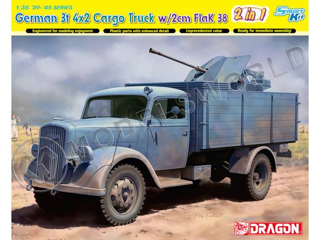 Склеиваемая пластиковая модель German 3t 4x2 Truck w/2cm FlaK 38 (2 in 1). Масштаб 1:35 - фото 1